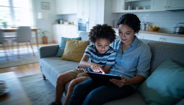 Mom and son sharing tablet on sofa, exploring apps and learning together at home
