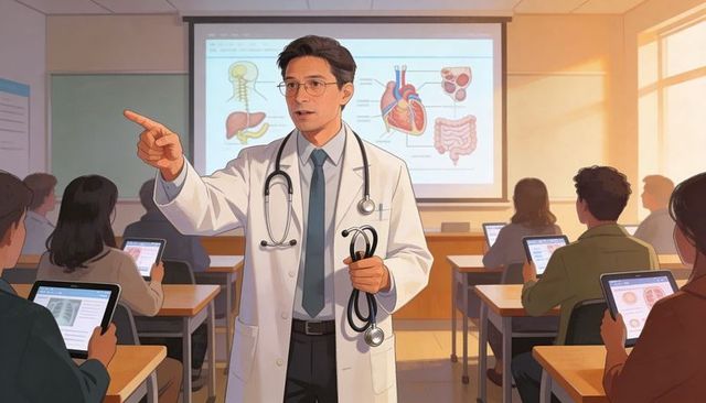 Doctor teaching human anatomy, pointing to diagram in sunlit medical classroom