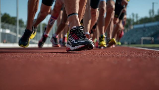 Athletes poised at start of race on running track