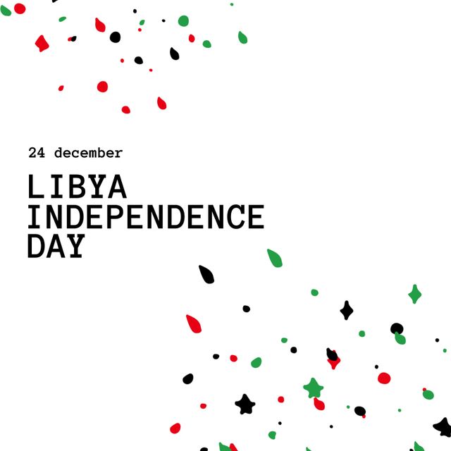 Confetti flying around text 'Libya Independence Day 24 December' on white background. Ideal for greeting cards, digital banners, or print materials to celebrate Libyan independence. Use for promoting events, educational materials, or social media posts highlighting national pride and history.