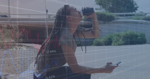 Young Man Hydrating Among Digital Data Graphics