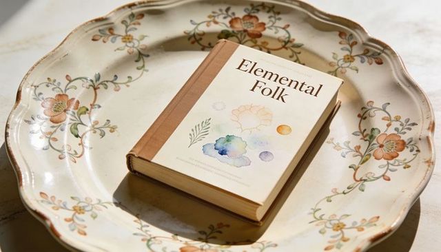 Sunlit hardcover book on vintage scalloped ceramic platter with floral watercolor cover