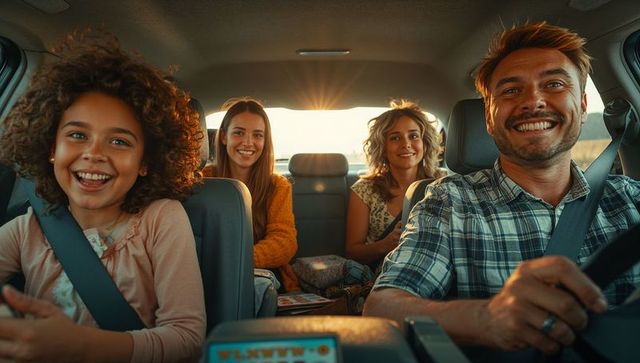 Family enjoying road trip journey at sunset
