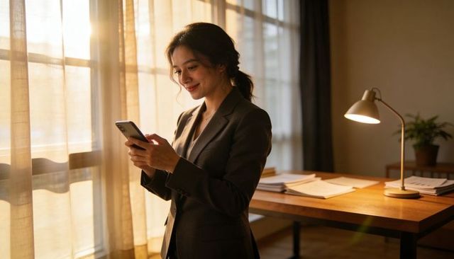 Businesswoman checking smartphone by sunlit window in modern office with desk and lamp