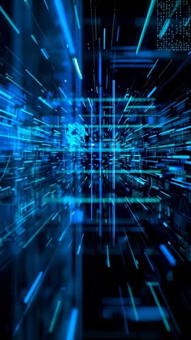 Rushing Through Neon Cyber Tunnel Revealing Glowing Cyan Data Streams Vertical Video