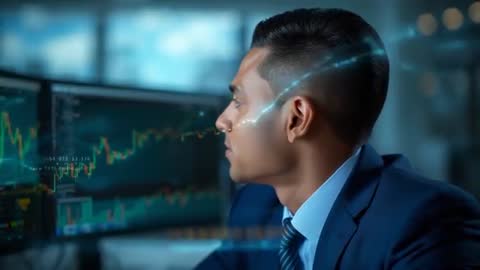 Professional Man Analyzing Stock Trends with Digital Overlay