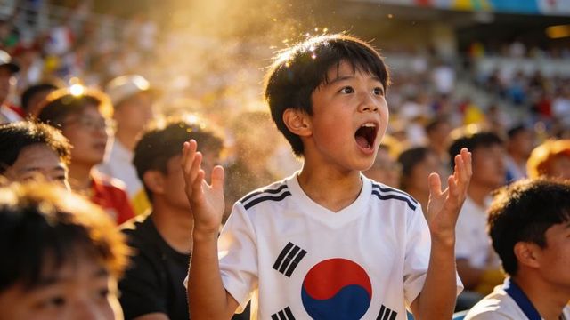Young south korean fan cheering loudly at football match with golden backlit halo