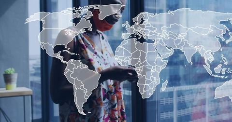 Global Connectivity: Checking Smartphone with World Map Overlay through City Window