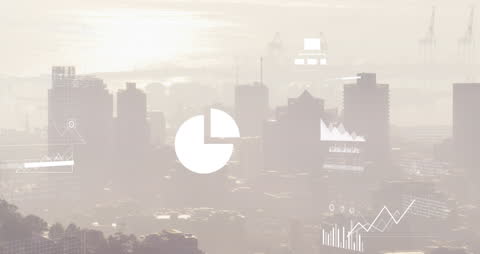 Financial Data Concepts Overlaying Cityscape at Dusk