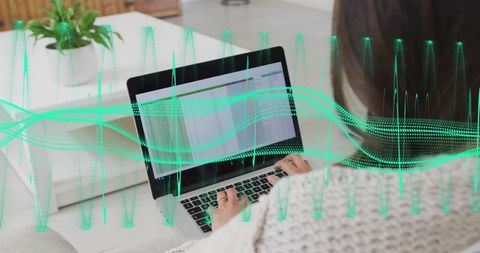 Korean woman typing laptop with spreadsheet and green waveform for data visualization