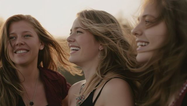 Golden hour friends laughing in meadow, windblown hair, joyful young women trio