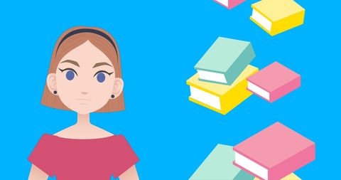Young Woman Engages with Floating Book Icons in Vibrant Background - Download Free Stock Images Pikwizard.com
