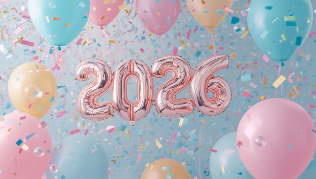 Floating rose-gold 2026 foil balloons celebrating new year pastel balloons and confetti
