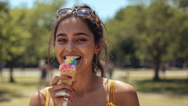 Smiling young woman enjoying rainbow ice cream cone in sunny park, candid summer portrait