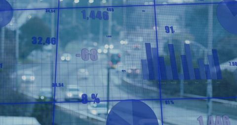 Digital Infographic Overlay with City Background Representing Business Analytics