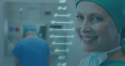 Surgeon in Surgical Suite with Digital DNA Overlay