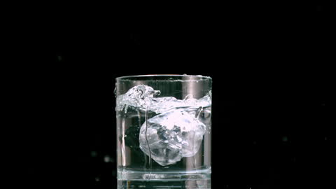 Slow Motion Ice Cube Splash in Transparent Glass