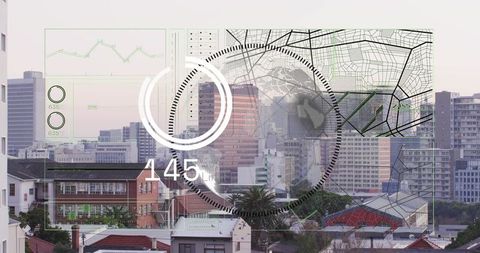 Smart City HUD Overlay with Wireframe Globe and Progress Ring over Urban Skyline