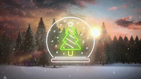 Neon Christmas Tree Snow Globe with Snowfall in Winter Forest