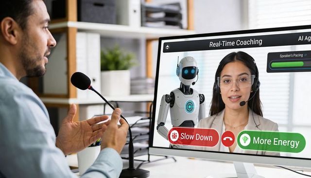 Man receiving real-time AI coaching during remote presentation with robot avatar assistant