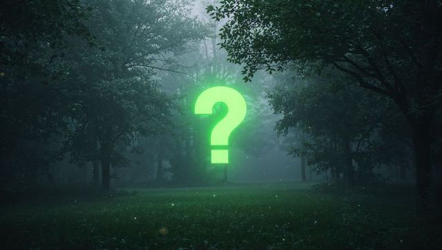 Glowing Question Mark in Mysterious Misty Forest Scene