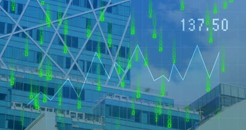 Digital Financial Data Over City Business District Skyline