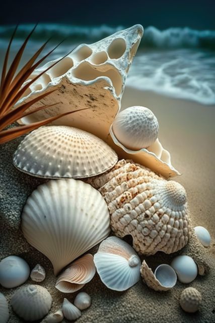 Variety of sea shells arranged on beach sand with ocean waves in background. Perfect for use in vacation brochures, travel websites, and beach-themed decor promotions. Conveys a sense of tropical relaxation and the natural beauty of the coastal environment.