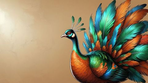 Vibrant peacock-like bird animal spread wings amid beige backdrop