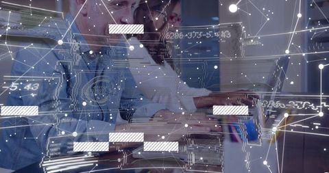 Coworkers Analyzing Data with Digital Network Overlay