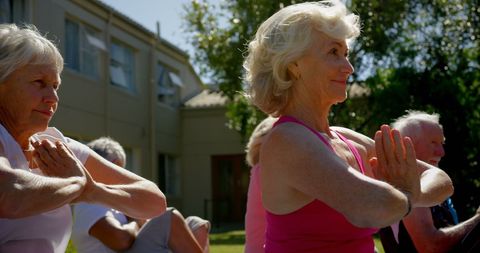 Senior Group Enjoying Outdoor Yoga Session in Sunny Park
