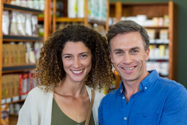 Couple smiling while standing in a supermarket, surrounded by shelves filled with various products. Ideal for use in advertisements, blogs, or articles about shopping, retail experiences, or lifestyle topics. Can also be used in promotional materials for grocery stores or supermarkets to depict a positive shopping experience.