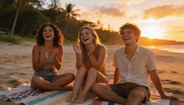 Sunset beach friends laughing on striped blanket, young adults enjoying tropical evening