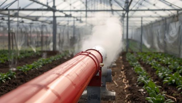 Red misting pipe releasing dense white fog along greenhouse aisle with young seedlings