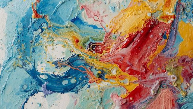 Colorful impasto canvas flowing with vibrant blue red yellow strokes and glossy texture