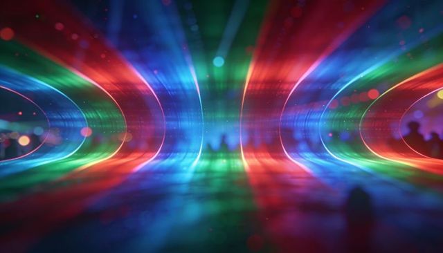 Glowing neon light tunnel forming rainbow reflections for futuristic event and stage design