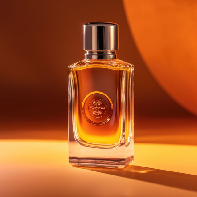 Elegant glass perfume bottle filled with amber liquid on warm orange background. Image ideal for beauty, fashion, and luxury advertising. Can be used for promoting fragrance products, cosmetics packaging design or online retail.
