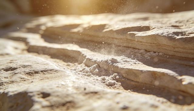 Backlit eroded sandstone closeup with rippled strata, windblown sand and dust particles