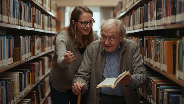 Caregiver guiding elderly man reading book between library bookshelves