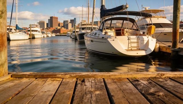 White sailboat moored at wooden dock with city skyline and golden sunset reflections