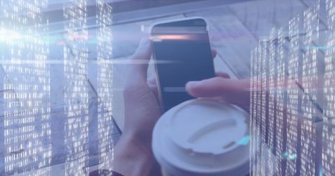 Hands Using Smartphone with Digital Interface Overlay