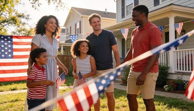 Neighbors and family gathering on suburban lawn waving us flags for fourth of july