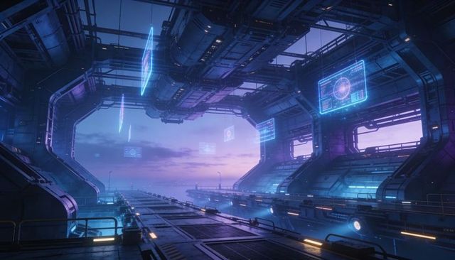 Neon-lit futuristic docking bay leading toward open horizon with hovering holographic interfaces