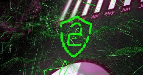 Neon green pixel shield emblem representing crypto security over financial chart