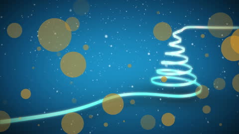 Digital Christmas Tree Animation with Falling Snow on Blue Background
