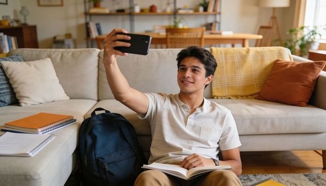 College student taking selfie while studying at home with notebook, backpack, smartphone
