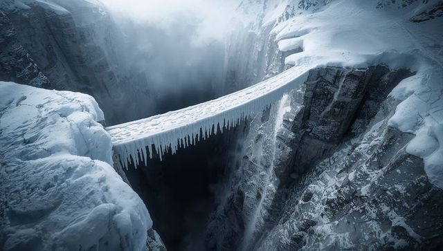 Frozen cliff bridge spanning icy chasm with hanging icicles and misty alpine void