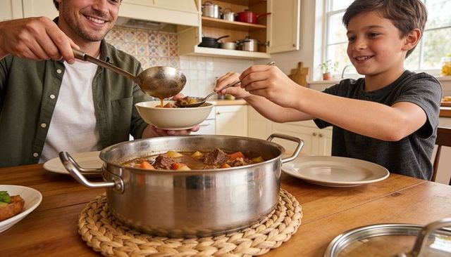 Father and son serving hearty beef stew at sunlit home kitchen table