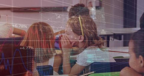 Students whispering in classroom overlaid with statistical data