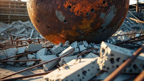 Rusted wrecking ball over demolition site at golden hour