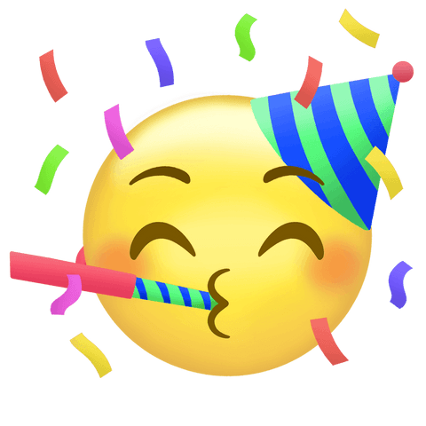 Whimsical face emoji with party hat and confetti on transparent